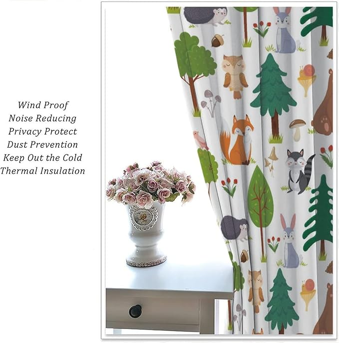 Kids Forest Animals Curtains Woodland Children's Cute Cartoon Funny Nursery Jungle Safari Leaves Nature 2 Panels Window Treatment Set for Living Room Decor 84X84 Inches