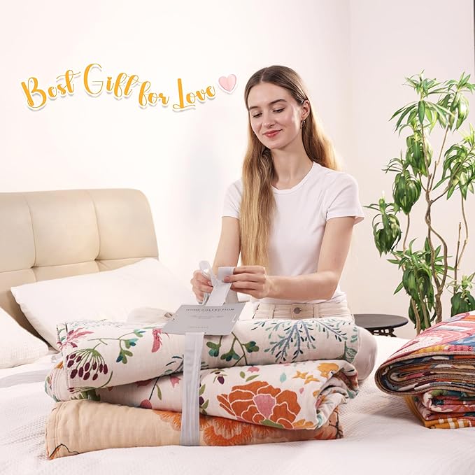 Boho Throw Blanket, 100% Organic Cotton Breathable Ultra Soft Bed Cover 50" x 60" Throw - All Season Rustic Floral Farmhouse Decor Blanket for Sofa Couch Chair and Gift-Beige