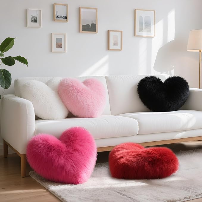 Hot Pink Heart Pillow, Faux Fox Fur Heart Decorative Pillows, Heart Shaped Throw Pillow for Bed, Soft Fluffy Decorative Cushion for Chair Sofa Living Room - Plush Pillow Home Decor
