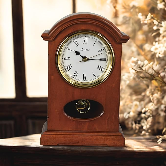 Pendulum Mantel Clock Wooden Case Silent Classic Minimalist Design Desktop Tabletop for Fireplace Bedside Table Living Room