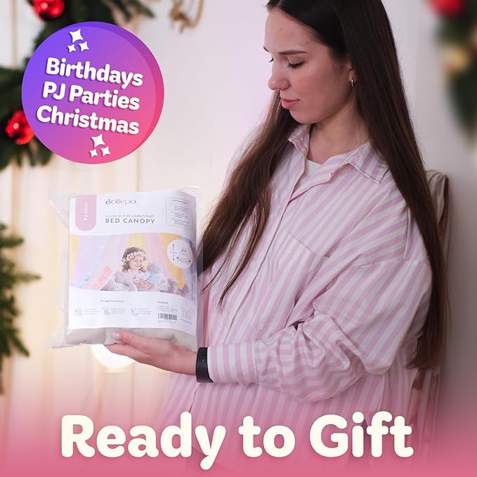 Bollepo Bed Canopy for Girls Bed with Glowing Stars - Princess Room Decor, Ceiling Net to Cover Toddler | Full, Twin Size Kids Bed, Fire Retardant Fabric (White - Stars)