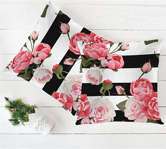 Swono Peony Roses Pillow Covers, Blossom Rose Peony Pink Decorative Pillow Case Home Sofa Cushion Set, Black White Stripes Pillow Cushion Cases for Bed/Patio/Garden/Balcony, 2-Pack, 18x18 Inch