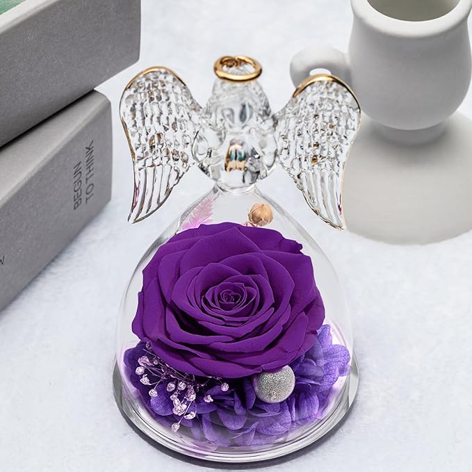 Yamonic Mom Birthday Gifts for Mom Grandma, Angel Figurines with Real Rose Gifts for Women Moms, Preserved Flowers Rose Glass Angel for Mothers Day Christmas Valentine's Day Gifts for Her(Purple)