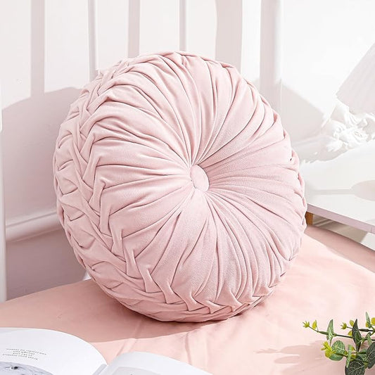 1 Pcs Round Throw Pillows Decorative Velvet Pleated Throw Pillows 15'' Diameter Accent Pumpkin Boho Chair Cushion for Couch Sofa Chair Bed Home Decoration (Pink)