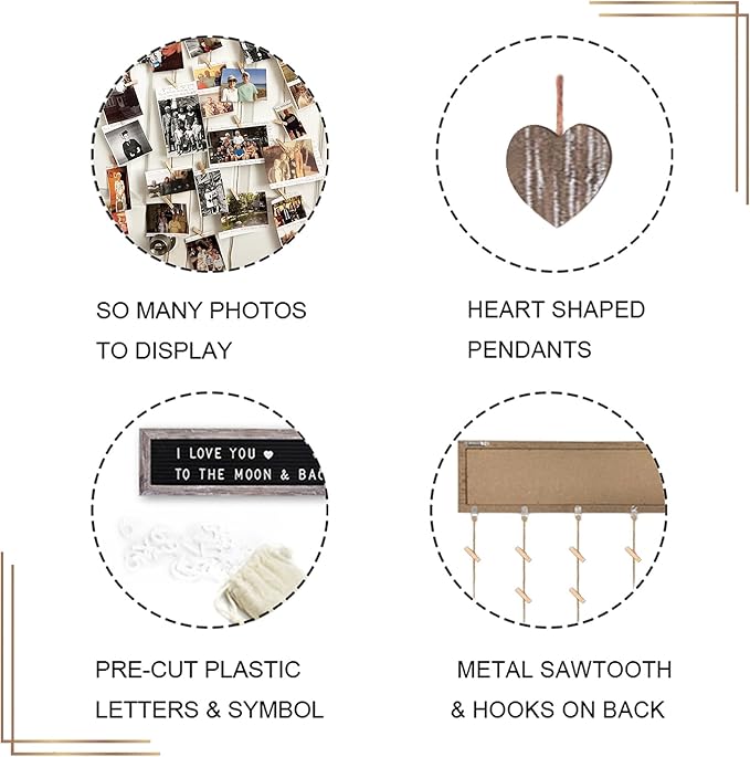 Buecasa Slotted Felt Board with 340 Letters and 30 Clips - Rustic Picture Frames Collage Wall Decor Sign - Multi Photos Cards Organizer 15.7x5 Inches (Barnwood)