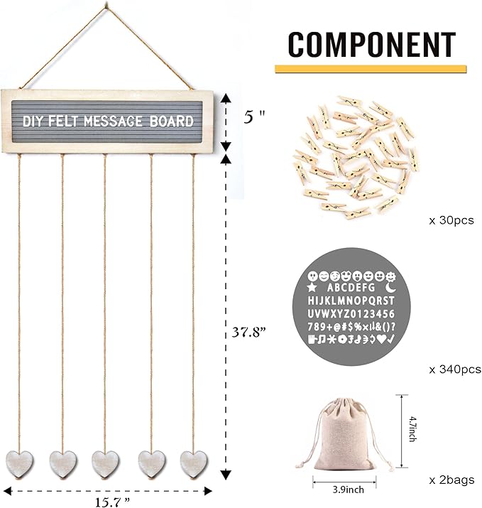 Buecasa Slotted Felt Board with 340 Letters and 30 Clips - Rustic Picture Frames Collage Wall Decor Sign - Multi Photos Cards Organizer 15.7x5 Inches (White)