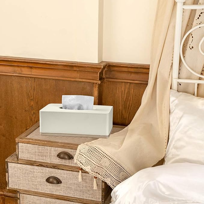 Rectangular Tissue Box Cover for Bathroom,Livingroom,Bedroom, Hand Carved Leather Resin Tissue Box Holder,10 x 5.7 x3.7 in, Beige