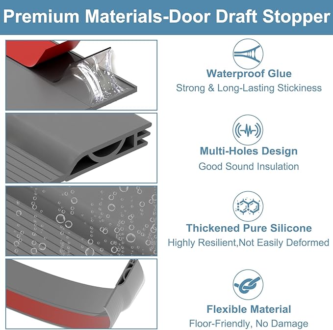 Door Draft Stopper, Adjustable Door Sweep for Bottom of Door, Under Door Gap Filler for Exterior & Interior Doors, Weather Stripping Seal Blocks Noise and Cold Air (78Inch, Gray)