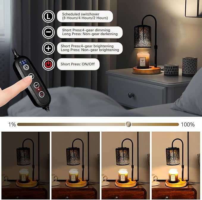 Candles Warmer with Timer and Dimmer, Adjustable Height Candle Melter, Electric Wax Warmer Vintage Home Decor for Jar Candles,2 Bulbs，Black