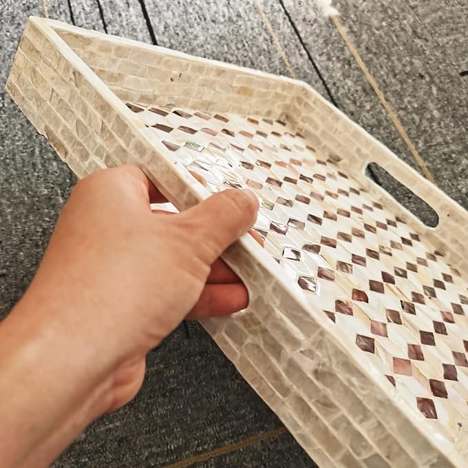 I-lan 12 Inch Mother of Pearl Square Serving Trays with Handles and 2”Wall, Large Brown Ottoman Tray with Rhombus Inlay Nacre, Decorative Lacquer Wooden Shell Tray for Food, Catering, Display, XS-12