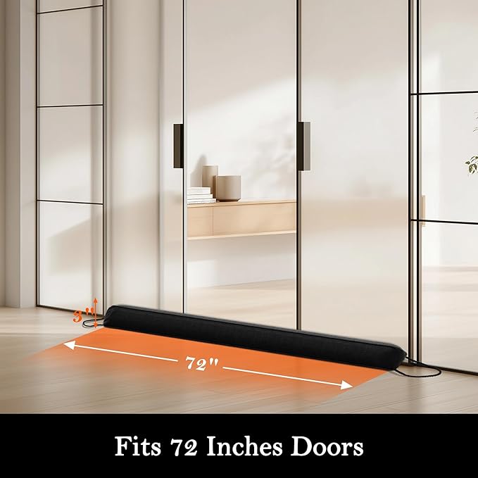 Sunolga 72" Door Draft Stopper Blocks Hot Cold Air with Removable Washable Cover for Gaps Up to 3", All-Season Noise and Wind Seal for The Bottom of Door, Black