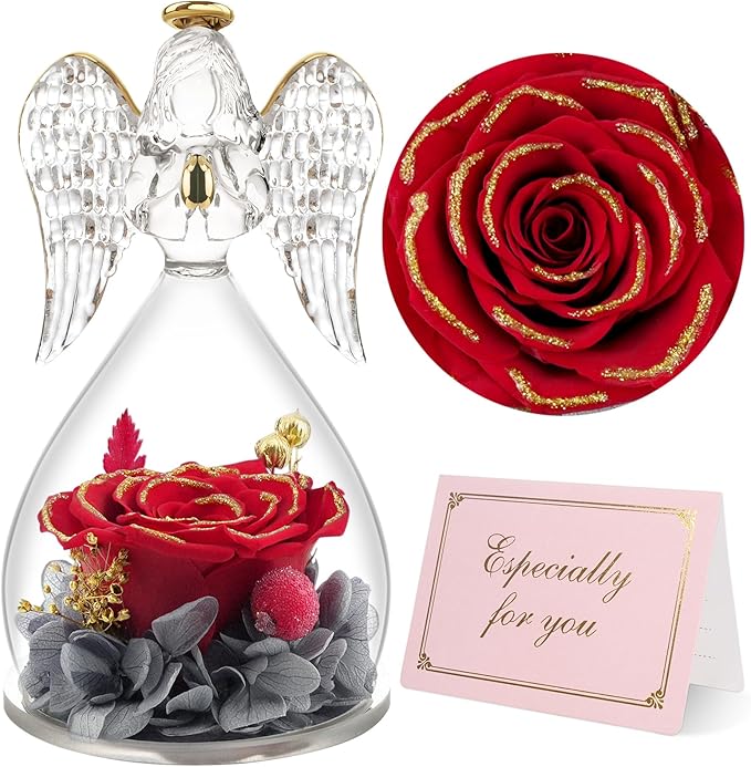 Yamonic Mom Birthday Gifts for Moms, Angel Figurines with Real Rose Gifts for Her Mother Grandma, Preserved Flowers Rose Angel Figurines for Mothers Day Christmas Birthday Gifts for Women(Redgold)