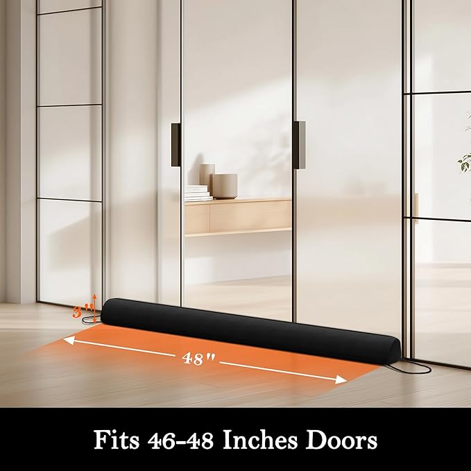 Sunolga 48" Door Draft Stopper Blocks Hot Cold Air with Removable Washable Cover for Gaps Up to 3", All-Season Noise and Wind Seal for The Bottom of Door and Window, Black