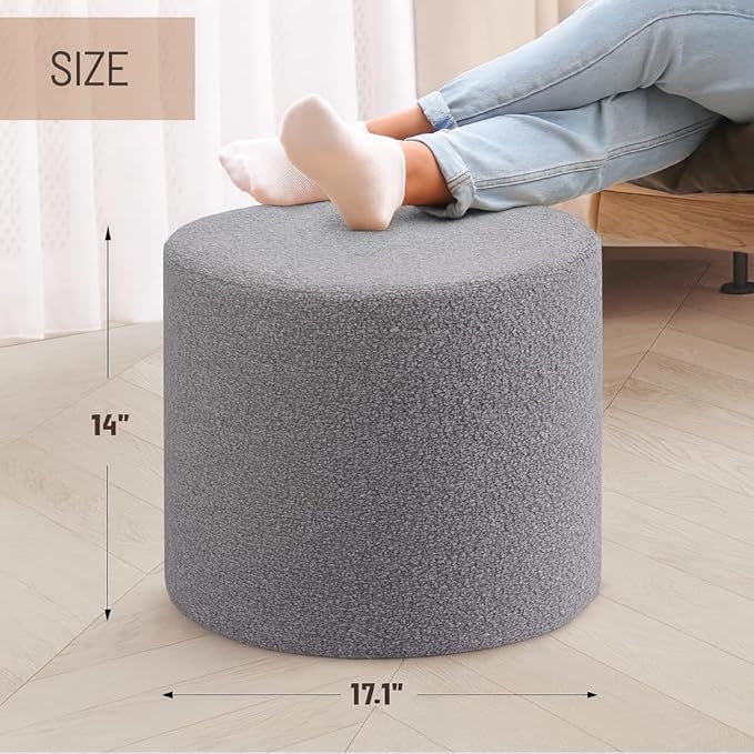 Round Pouf Ottoman and Foot Rest, Soft Boucle Footstool Ottomans for Living Room, Comfort Sponge Stuffed Poofs for Couch Desk Resting Your Feet, Grey(17.1" D x 17.1" W x 14" H)