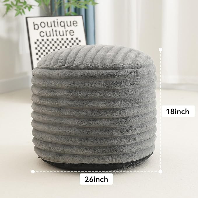 Pouf Ottoman Stuffed Round for Foot Rest, Faux Fur Poufs with Foam Chunk Filling, Storage Ottoman Pouf Foot Stool Cushion, 26 X 18 Inch Floor Chair for Living Room Bedroom Home Decor, Light Gray
