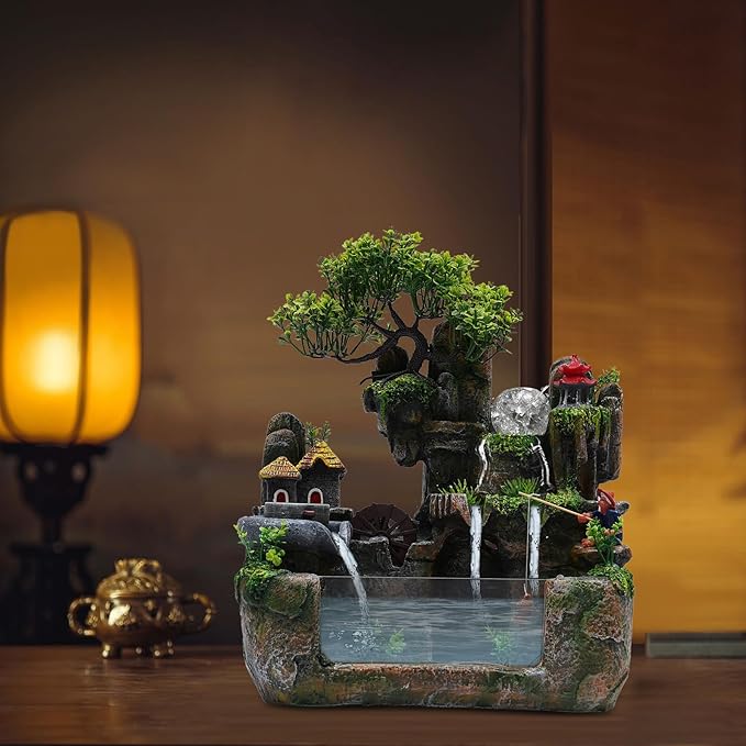 Indoor Fountain Rockery Tabletop Fountain with an Atomizer Elaxation Water Feature Meditation Desktop Fountains for Home Office Decor or Gift 11.8'' x 7.87'' x 14.9'' with LED Light
