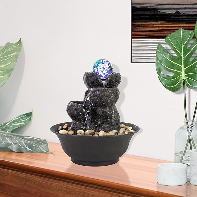 Ferrisland Tabletop Waterfall Fountain - 3-Step Modern Water Fountain with LED Light for Office Desktop Decor