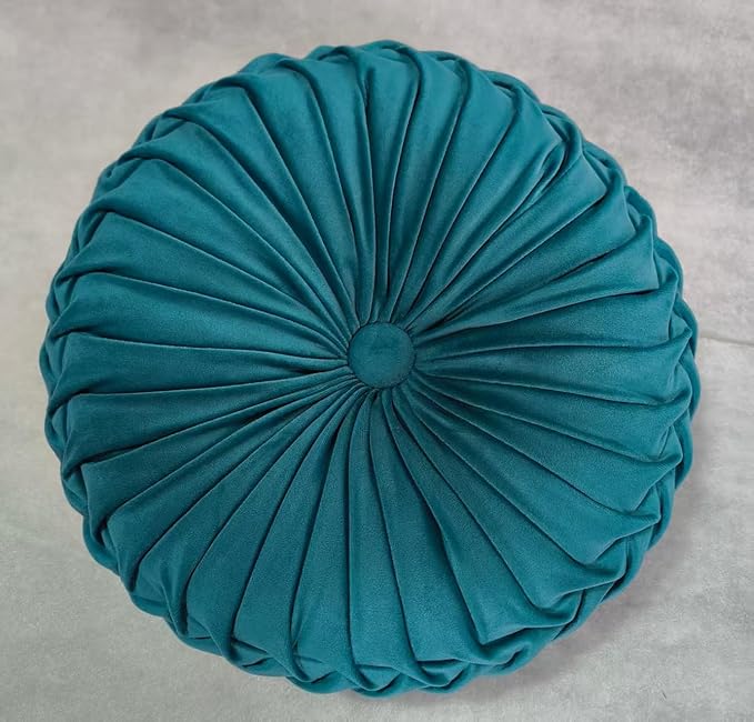 1 Pcs Round Throw Pillow Velvet Home Decoration Pleated 3D Pumpkin Pillow Cushion for Couch Chair Bed Car 14.17" (Haze Blue)