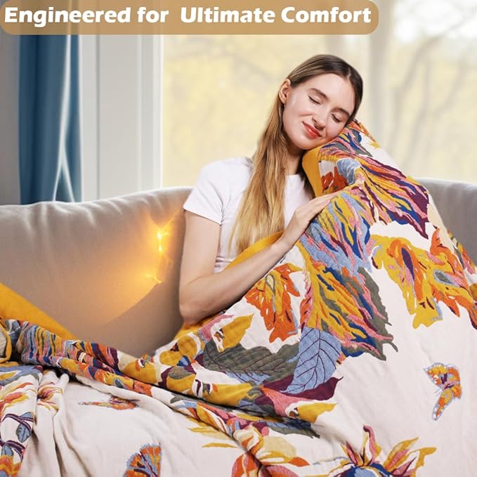 Boho Throw Blanket, 100% Organic Cotton Breathable Ultra Soft Bed Cover 50" x 60" Throw - All Season Rustic Floral Farmhouse Decor Blanket for Sofa Couch Chair and Gift-Beige