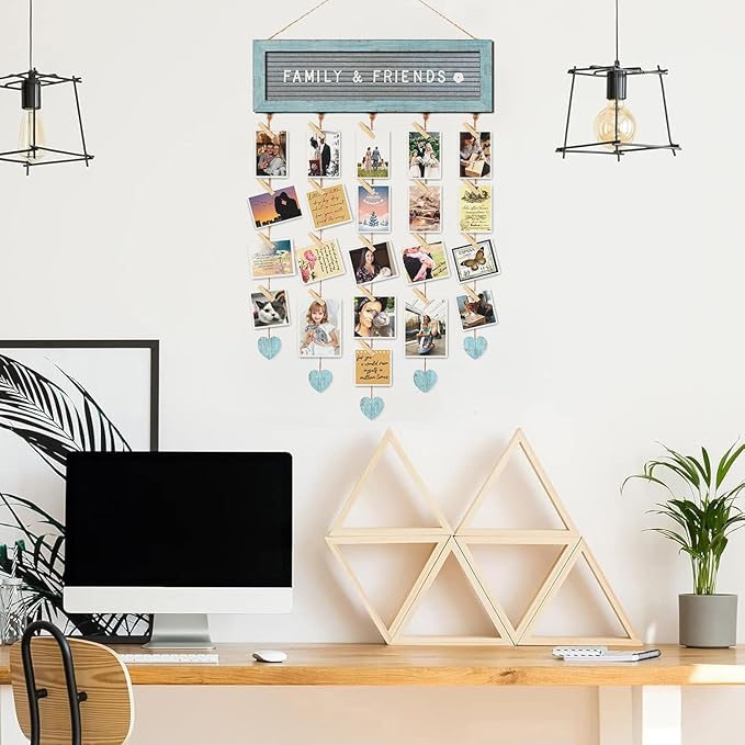 Buecasa Slotted Felt Board with 340 Letters and 30 Clips - Farmhouse Picture Frames Collage Wall Plaque - Multi Photos Cards Organizer 15.7x5 Inches (Teal)