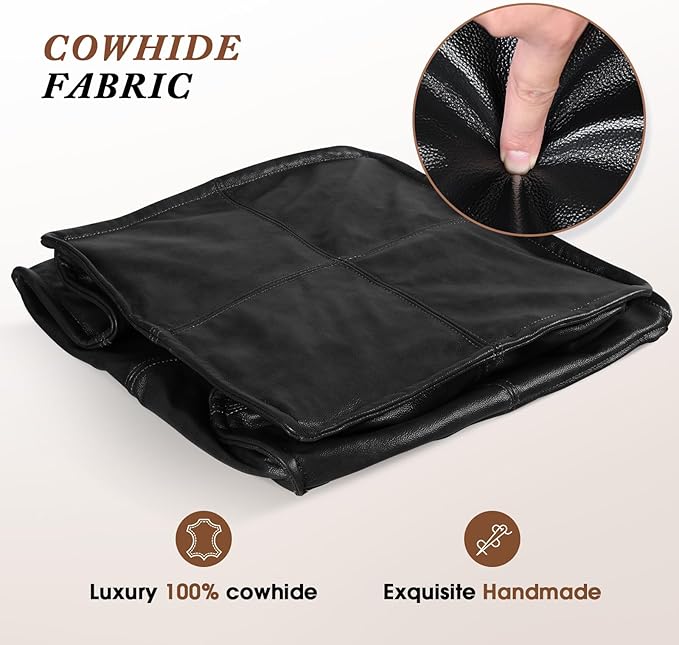 Leather Ottoman,Handmade Stuffed Square Ottoman,Genuine Leather Pouf, Foot Rest Pouf,Comfortable Soft Seating for Living Room & Bedroom (Black, Square)