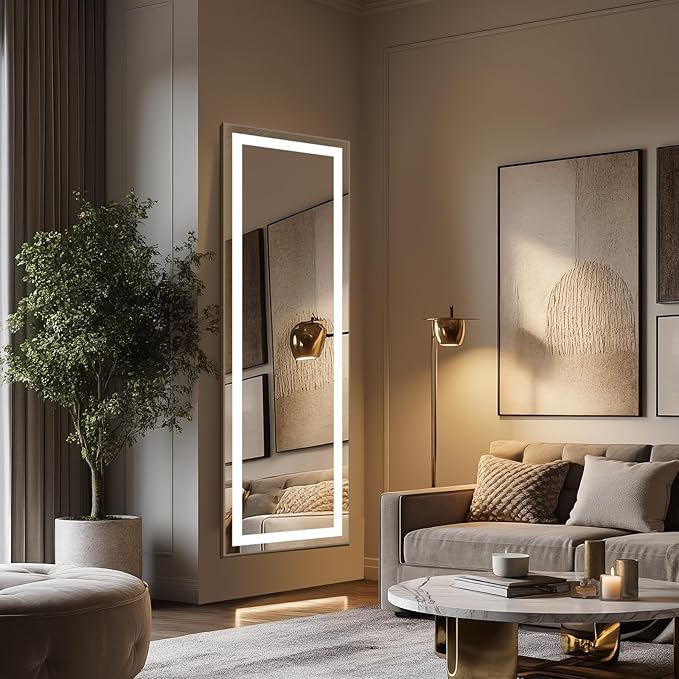 Kosmonia 66x22 Frameless Full Length Mirror, Dimmable 3 Color LED Light w/Memory Function, Distortion Free, HD Reflection & Anti Desilvering, Tempered Glass & Shatter Proof Film Doubling Safety