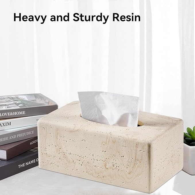 Natural Travertine Textures Tissue Box Cover Rectangular (Only Suitable for Standard Sized Tissue Box) for Decor,Resin Tissue Box for Bathroom Countertop,Bedside,Office（Made of Resin, Height of 4 in