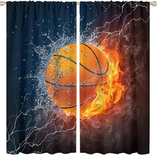 JESTRONRY Boys Basketball Curtains,Kids Sports Theme Fire Ball Water Flame Splashing Room Darkening Door Window Rod Pocket Curtain for Living Room Teen Men Bedroom Decor W84xL84in