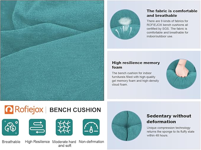 Bench Cushion 45 Inch - Chenille Fabric, High-Density Foam, Non-Slip Bottom, Soft Durable Indoor Tufted Long Seat Cushion for Window Garden Furniture (Teal, 45x18x4 Inch)