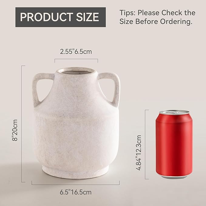 Mitt&Ditt Ceramic Flower Vase with Handles, 8 inch Tall Off-White Vase, Decorative Terracotta Vases, Farmhouse Rustic Pottery Vases for Home Decor, Living Room, Table