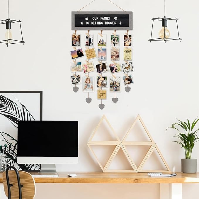 Buecasa Slotted Felt Letter Board with 340 Letters and 30 Clips - Rustic Picture Frames Collage Wall Decor Sign - Multi Photos Cards Organizer 15.7x5 Inches (Grey)