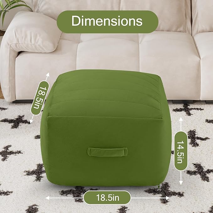 MeMoreCool Square Stuffed Pouf Ottoman Foot Rest, Floor Pouf Foot Stool with Foam Chunk Filling, Soft Stuffed Ottoman Footrest for Living Room, Green