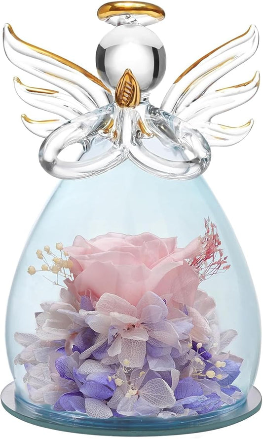 ANLUNOB Preserved Rose Birthday Gifts for Women Mom Grandma Wife, Glass Angel Figurines Gifts with Pretty Flesh Pink Flowers for Anniversary Wedding