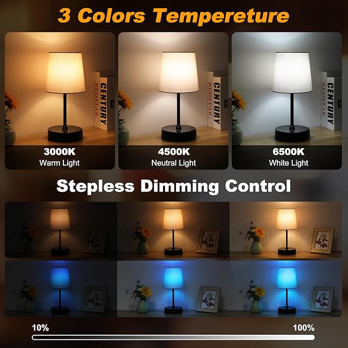 Ascher Small Bedside Table lamp, RGB Color Changing Lamps, 3 Color Temperatures Nightstand Lamps with USB C and A Ports, Touch Dimmable Desk Lamp for Bedroom Living Room(Grey Shade)