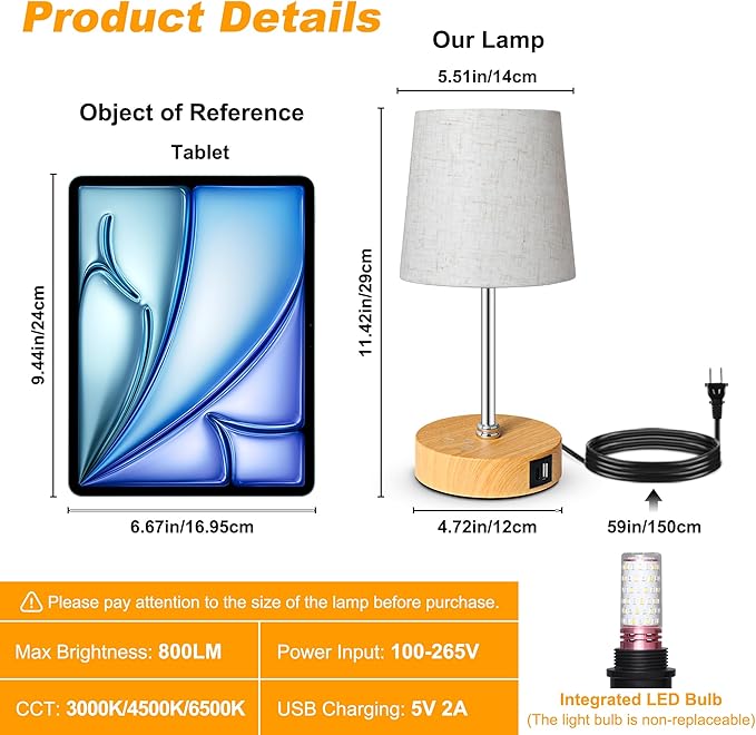 Ascher Small Bedside Table lamp Set of 2, RGB Color Changing Lamps, 3 Color Temperatures, Stepless Dimmable, Nightstand Lamp with USB C+A Ports for Bedroom Living Room, (Flaxen Shade, Wood Grain Base)