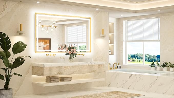 TETOTE 72 x 40 Bathroom LED Mirror Brushed Gold Metal Frame Frontlit & Backlit Vanity Mirror Anti-Fog Stepless Dimmable 3 Colors White/Warm/Natural Wall-Mounted