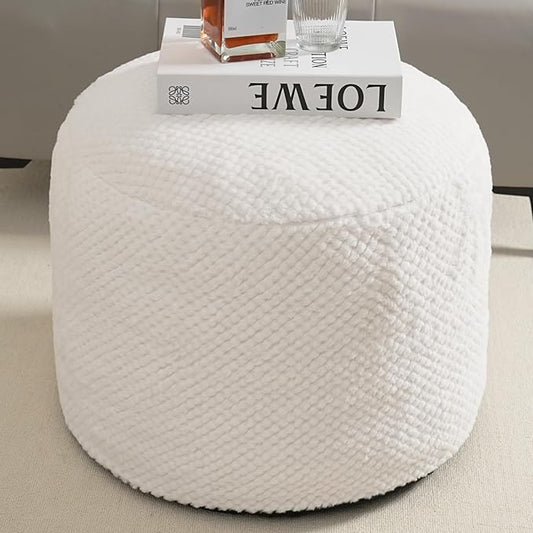 Round Stuffed Pouf Ottoman for Foot Rest, Faux Fur Poufs with Foam Chunk Filling, Storage Ottoman Pouf Foot Stool Cushion, 26 X 18 Inch Floor Chair for Living Room Bedroom Home Decor, White