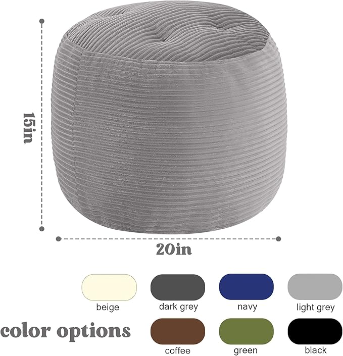 MeMoreCool Stuffed Round Pouf Ottoman Foot Rest, Floor Pouf Foot Stool with Soft Foam Chunk Filling, Round Small Ottoman Footstool Circle Footrest for Couch Living Room, Corduroy Grey