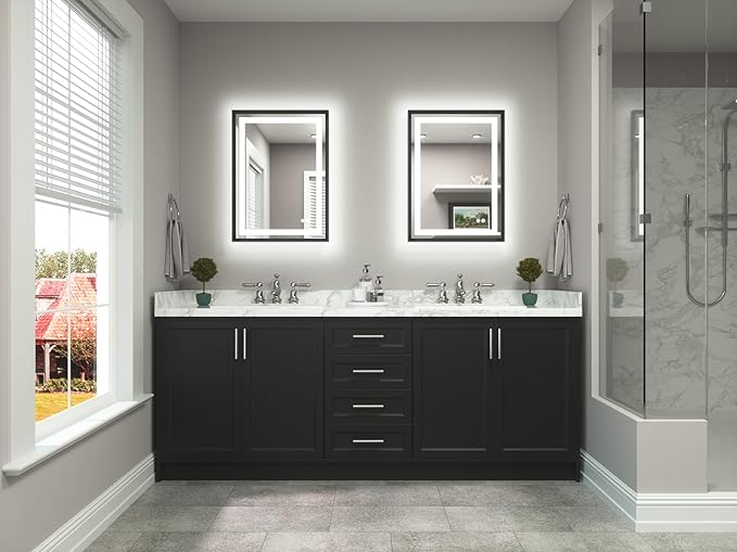 TETOTE 22 x 30 Bathroom LED Mirror Brushed Black Metal Frame Frontlit & Backlit Vanity Mirror Anti-Fog Stepless Dimmable 3 Colors White/Warm/Natural Mirror with Lights Wall-Mounted