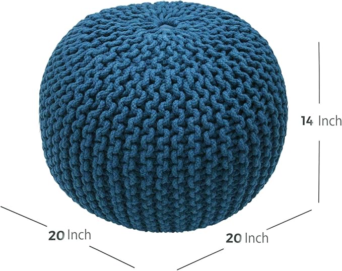 FRELISH DECOR Round Pouf Ottoman Hand Knitted 100% Cotton Pouf Foot Stool - Knitted Bean Bag - Floor Chair for Living Room Bedroom - Foot Rest for Couch (20 Diameter x 14 Height) - Teal