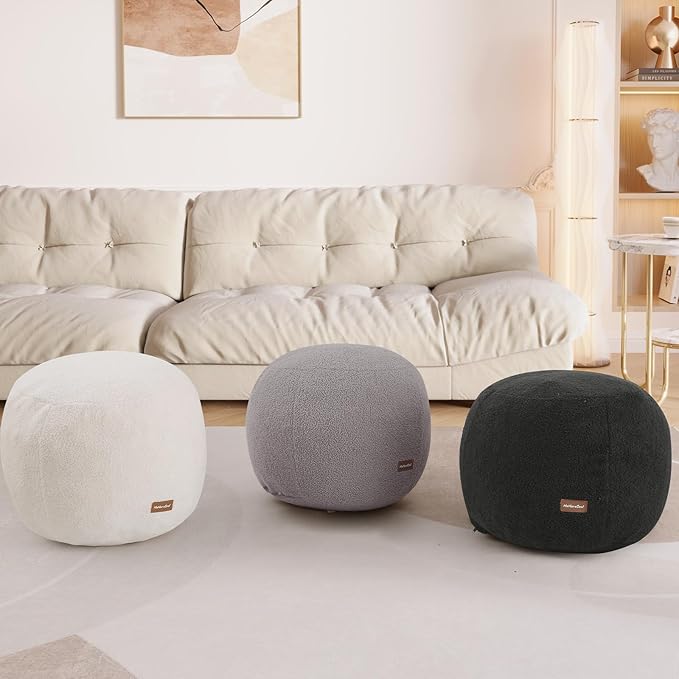 MeMoreCool Stuffed Round Pouf Ottoman Foot Rest, Floor Pouf Foot Stool with Soft Foam Chunk Filling, Small Round Ottoman Footstool Circle Footrest for Living Room, Dark Grey