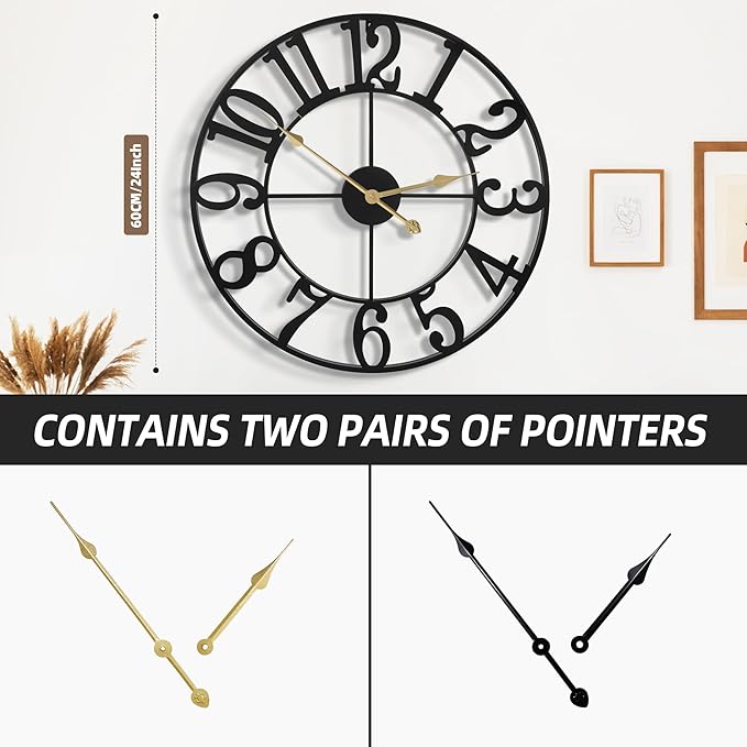 Large Wall Clocks for Living Room Decor, 24 Inch Round Black Metal Silent Non Ticking Battery Operated Jumbo Numerals Modern Vintage Decorative Clock Wall for Bedroom,Kitchen,Office,Farmhouse