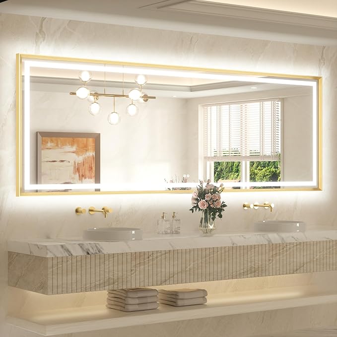 TETOTE 96 x 36 Large Brushed Gold Metal Frame Bathroom Mirror with Light Frontlit & Backlit Vanity Mirror Anti-Fog Stepless Dimmable 3 Colors White/Warm/Natural Wall-Mounted