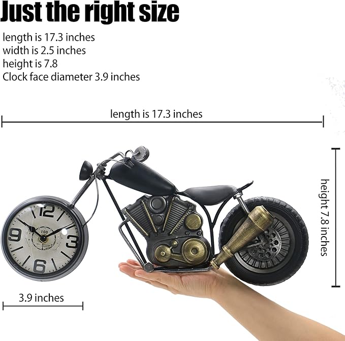 Vintage Desk Clock Tabletop Clock Motorcycle Gifts for Men Rustic Farmhouse Decor Gifts for Dad Him Boyfriend Battery Operated No Ticking Antique For Mantle Shelf Decorations Living Room Office Black