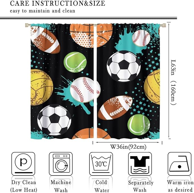 JESTRONRY Sport Window Curtains,Abstract Basketball Football Soccer Rugby Baseball Sports Theme Home Fabric Living Room Kids Boys Girls Teens Bedroom Home Decor Blackout Drapes W72xL63in