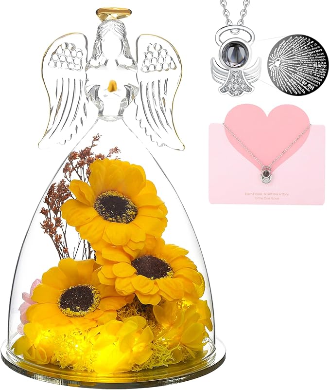 Christmas Sunflower Gifts for Women,Sunflowers Gifts for Mom Angels Figurines Sunflower Bouquet with Necklace, Light Up Sunflowers in Glass,Xmas Birthday Gifts for Her Mom Wife Girlfriend Sister