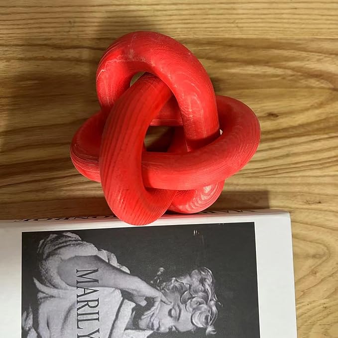 Wood Knot Decor -Coffee Table Decor Shelf Decor Table Books Hand Carved Home Decoration Boho Country Rustic Modern Shabby Chic Style Decor 3 Link Wooden Knot Chain Link Decor (Wine Red)