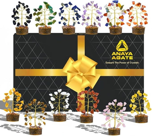 Crystal Tree Gift for Women, Set of 12 Handcrafted Chakra Tree of Life, Chakra Crystals and Healing Stones for Positive Energy, Good Luck Home and Office Desk Decor Birthday Gifts for Mom Love Ones