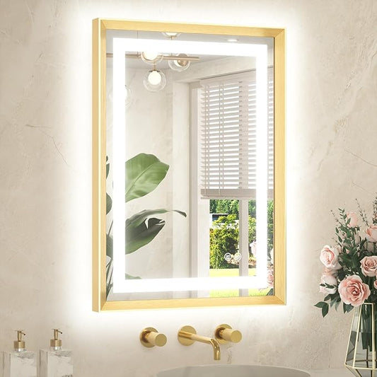 TETOTE 20 x 28 Bathroom LED Mirror Brushed Gold Metal Frame Frontlit & Backlit Vanity Mirror Anti-Fog Stepless Dimmable 3 Colors White/Warm/Natural Vanity with Lights Wall-Mounted
