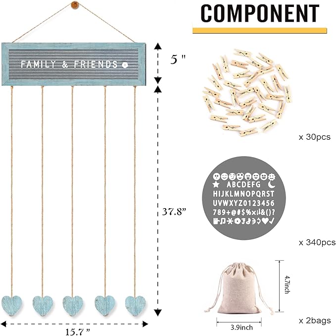 Buecasa Slotted Felt Board with 340 Letters and 30 Clips - Farmhouse Picture Frames Collage Wall Plaque - Multi Photos Cards Organizer 15.7x5 Inches (Teal)